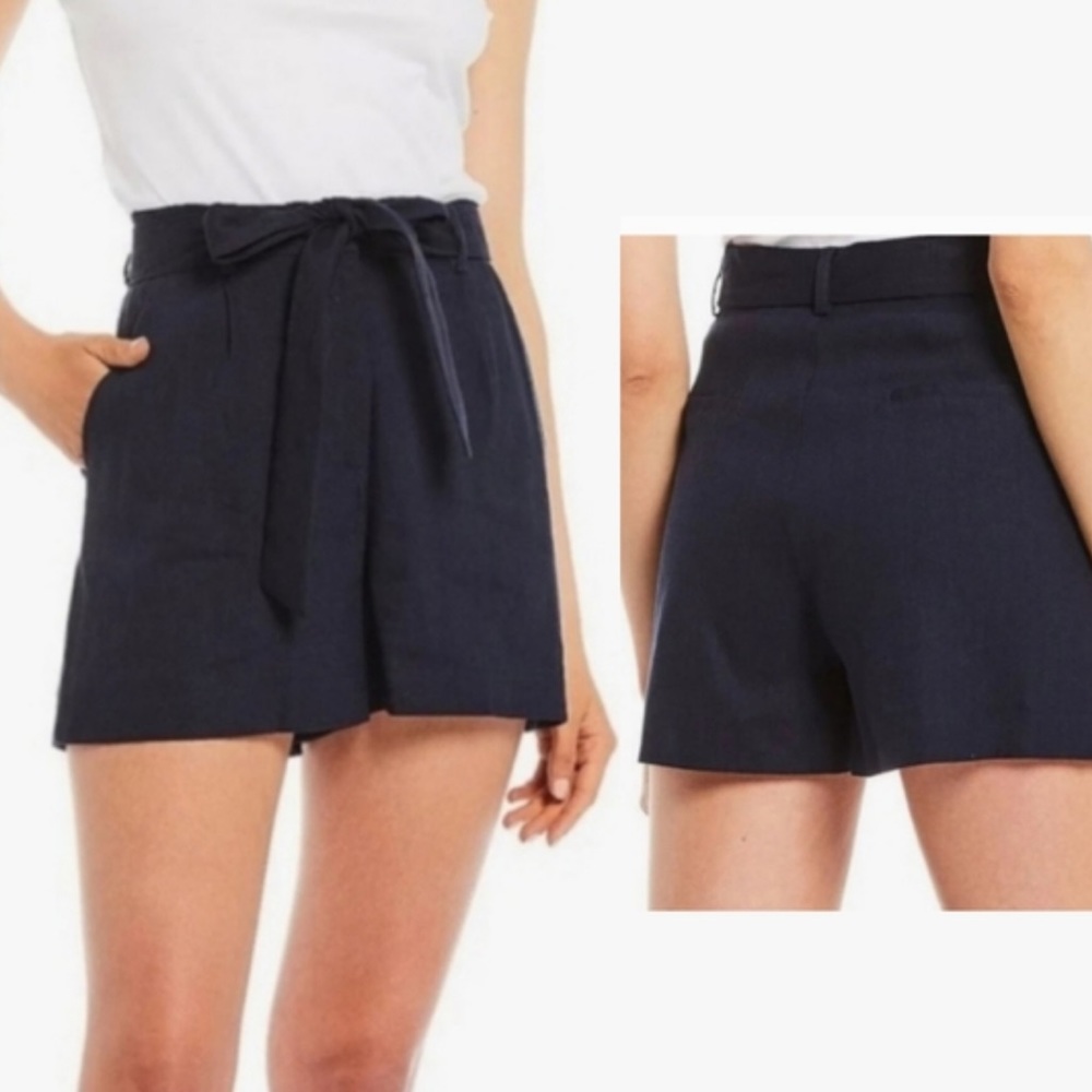 NWT Antonio Melani Amee linen blend high rise side pockets belted short navy